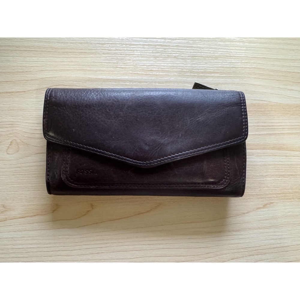 Fossil Wallet Women Dark Brown Genuine Soft Leather Snap Trifold Checkbook